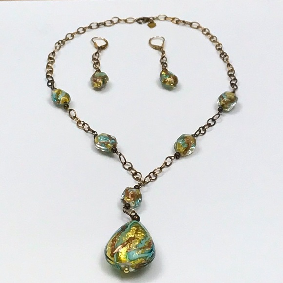 Fine Jewelry Glass Drop Necklace 1/514K Gold-Bonded Sterling Silver + Earrings - Picture 2 of 15